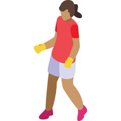 Young Person Wearing Yellow Gloves and Red Shirt Blue Shorts Pink Shoes Standing Against White Background