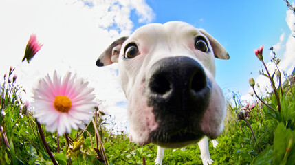 Curious canine face: A close-up, fish-eye perspective captures the innocent and curious face of a dog.