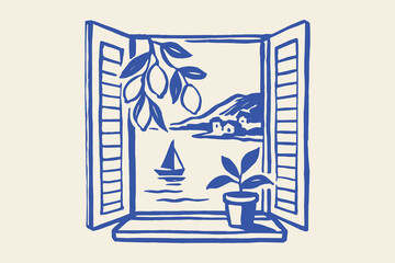 Open window mediterranean sea view minimalist sketch vector illustration
