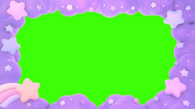 Cartoon stars and purple clouds frame on green screen animation. (loop)