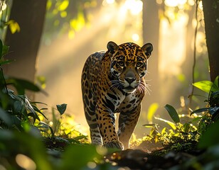 A majestic jaguar walking through a lush rainforest at dawn, soft mist rising from the ground