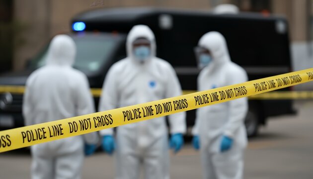 Forensic investigators in hazmat suits, masks, and gloves preparing to examine a crime scene behind yellow police tape, focusing on evidence and safety protocols