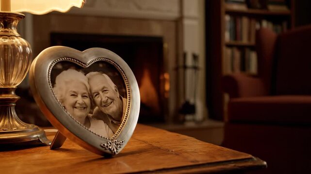 A heart-shaped frame with a photograph of a smiling elderly couple. Cherished memories in a cozy home with a warm fireplace. Enduring love and lifetime relationship concept