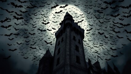 Dark castle tower under a moonlit sky, filled with bats
