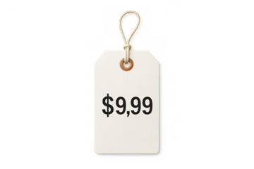 Price tag showing $9.99 for retail sale, shopping, and discount promotion on transparent background