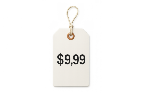 Price tag showing $9.99 for retail sale, shopping, and discount promotion on transparent background