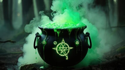 Dark cauldron, green liquid, smoky forest