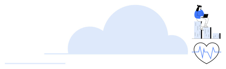 Woman on stack of servers with laptop near cloud icon and ECG heart symbol. Ideal for cloud storage, technology, data analysis, healthcare, innovation, connectivity, digital trends. Simple flat