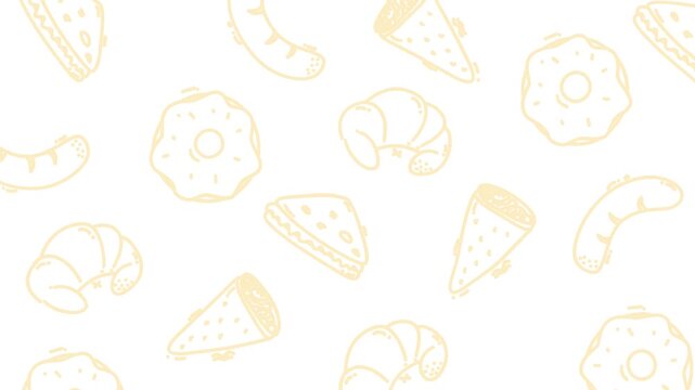 Seamless Bakery Pattern with Hand-Drawn Pastries and Donuts on White Background