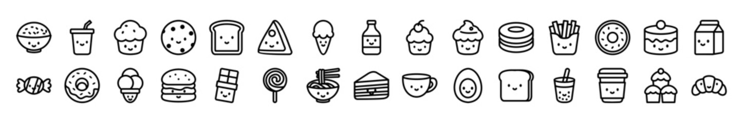 Cute kawaii food and drink icons in pastel colors, including donut, cupcake, coffee, burger, ice cream, pizza, milk, and noodle bowl, perfect for kids menu design and sweet cartoon illustration.