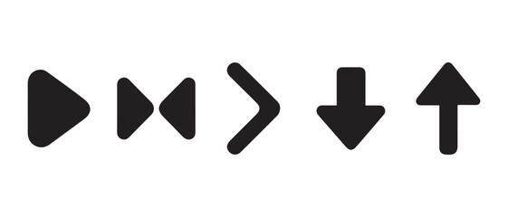 Minimalist Media Control Icons. Play, Rewind, Fast Forward, Up & Down Arrows in Bold Black Design.