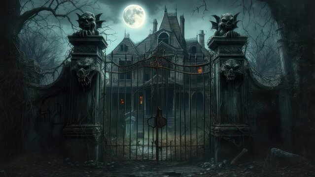 Dark, gothic mansion shrouded in twilight