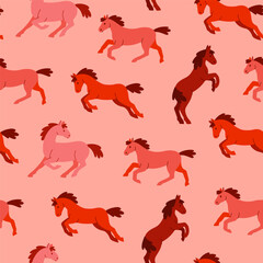Seamless pattern with horses in warm colors. Vector graphics.