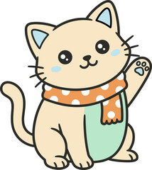 Cute cartoon cat waving with orange polka dot scarf and light blue accents.
