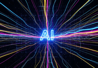 Futuristic ai technology concept with glowing neon lights and digital data streams
