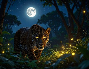A jaguar prowling silently under a starry night sky in the jungle