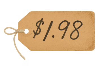 Price tag showing $1.98 cost for a product, consumer sale and shopping concept on transparent background