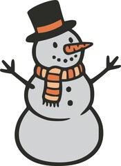 A cartoon illustration of a friendly snowman wearing a black top hat, an orange striped scarf, and a carrot nose, with stick arms.