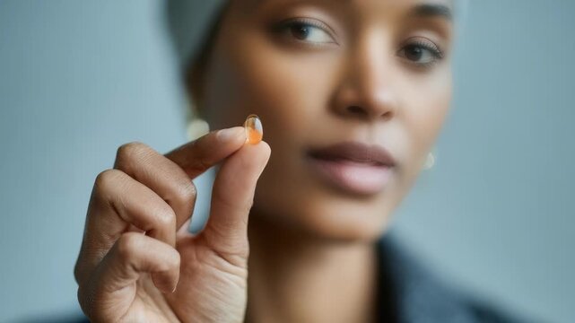 A young woman presents a clear capsule pill, emphasizing personal health choices and daily supplement routines. The image highlights wellness, self care, and contemporary health practices