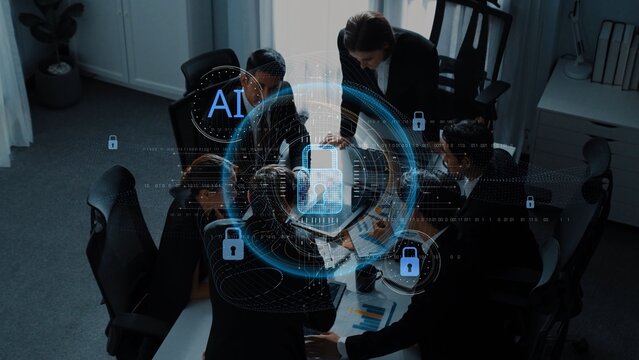 A modern business team engages in a strategy meeting focused on artificial intelligence, highlighting collaboration and digital security in a professional environment. Raster