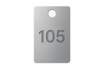 Metallic key tag featuring the number 105, useful for identification, organization, and labeling. Transparent background