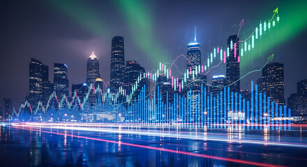 Futuristic cityscape with glowing digital data streams and financial market growth