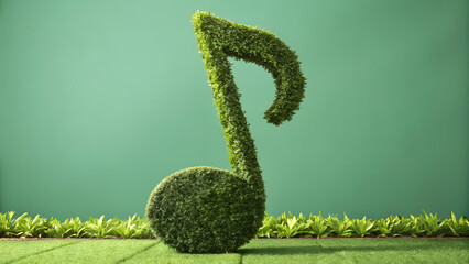 Creative green topiary shaped like a musical note against green background symbolizing harmony between nature and music