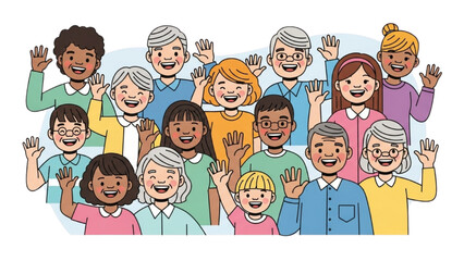 Diverse and cheerful community group featuring people of all ages, waving and smiling warmly in a welcoming gesture