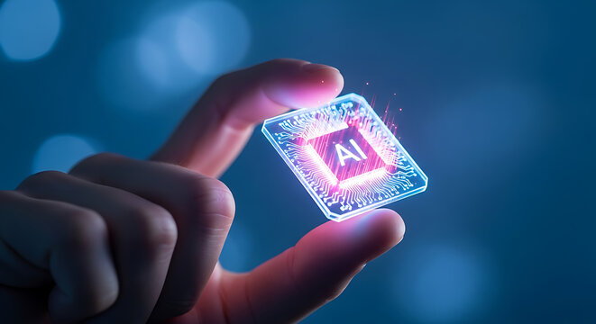 Hand holding glowing ai chip symbolizing artificial intelligence innovation future technology