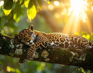 A relaxed jaguar lying on a thick tree branch in the rainforest, sunbeams shining through the canopy
