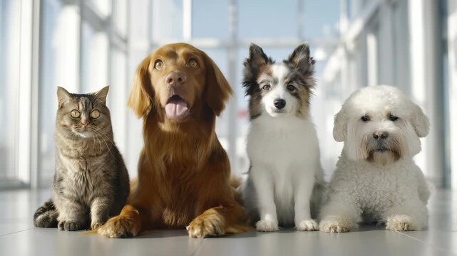 Four cute pets, a cat and three dogs, pose side by side in a sunlit contemporary corridor, looking attentively at the camera. Ideal for concepts of friendship, diversity, and pet companionship