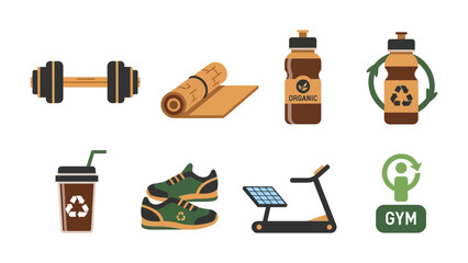 Fitness Essentials: This image showcases a collection of fitness essentials including weights, yoga mat, water bottles, reusable coffee cup, shoes and treadmill.