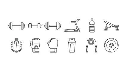 Obraz premium Workout Icons: A comprehensive set of line icons, neatly arranged and depicting essential gym equipment for a focused and effective workout routine.