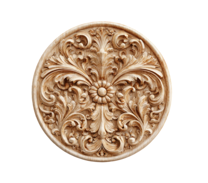 Ornate, light-beige wood carving, circular design