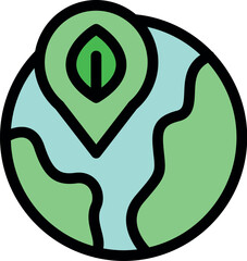Location pin with leaf inside pointing on planet earth, showing bio nature friendly place