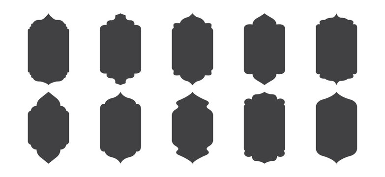 Islamic shape frame, arab ornament arch. Ramadan traditional door, arabesque ornament, islam window. Oriental black arc, east architecture icon isolated on white background. Vector illustration