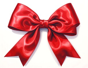 A vibrant, shiny red satin ribbon is tied in a bow against a plain, stark white background