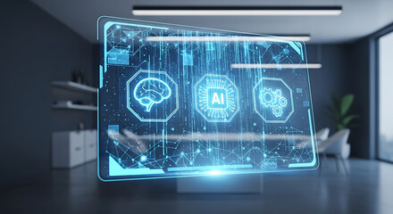 Futuristic holographic interface displays brain and data visualizations in modern office
