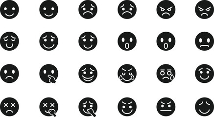 Collection of black and white emoji faces expressing a wide range of emotions and feelings isolated on transparent background