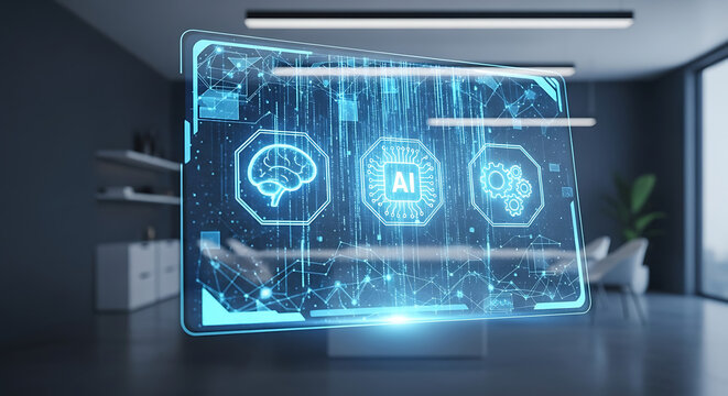 Futuristic holographic interface displays brain and data visualizations in modern office