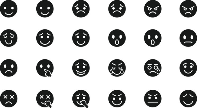 Collection of black and white emoji faces expressing a wide range of emotions and feelings isolated on transparent background