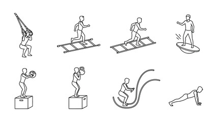 Fitness Exercises Icon Set: Illustrated workout exercises with variety of movements to showcase different strength and conditioning workout routine