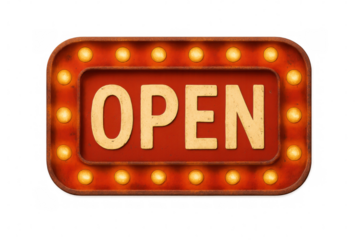 Vintage retro open sign with illuminated lightbulbs, indicating availability for business, transparent background