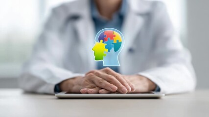 Professional doctor or psychologist at a desk presenting a digital head icon with a colorful jigsaw puzzle brain, representing mental health, autism awareness, alzheimer's, or neurological issues - Powered by Adobe
