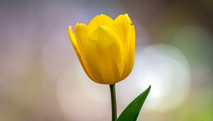 A vibrant yellow tulip stands tall, against a soft, bokeh background, single green leaf accentuating its elegance