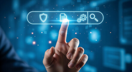 Digital security concept finger touching interface with security icons cybersecurity technology