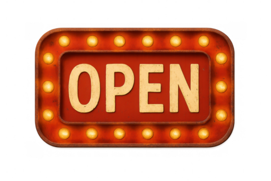 Vintage retro open sign with illuminated lightbulbs, indicating availability for business, transparent background