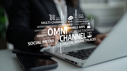 Fototapeta premium Focus on a digital marketing theme featuring an omnichannel strategy. The image illustrates how businesses engage customers across various platforms and channels. Tessel
