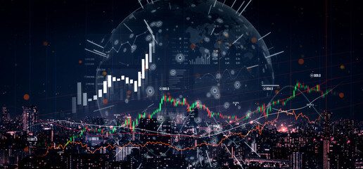 Stunning urban landscape enhanced by financial charts showing candlestick graphs and indicators, representing modern investment and market analysis effectively. Scalp