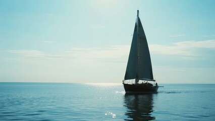 A sailboat sails on the blue sea, contrasting with the clear blue sky, fully showing the freedom of marine sports and the tranquil beauty of natural scenery.
